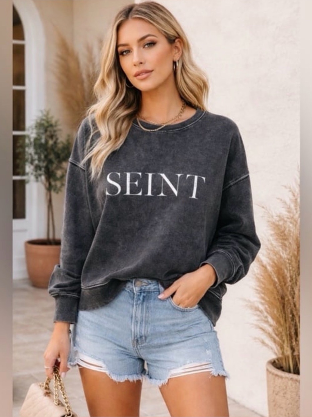 SEINT Acid Wash Graphic Sweatshirt Oversized Crewneck Casual Chic- Medium- NWT